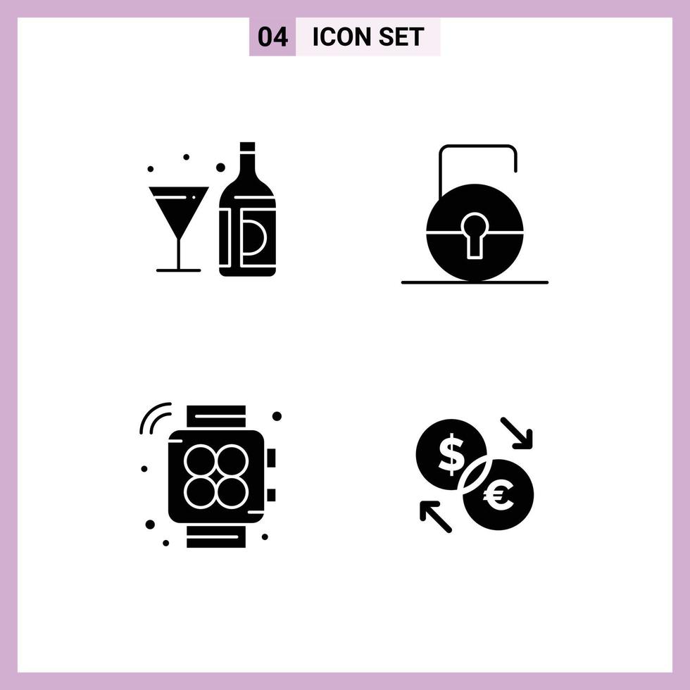 4 Creative Icons Modern Signs and Symbols of drink handwatch bottle lock pad gym Editable Vector Design Elements