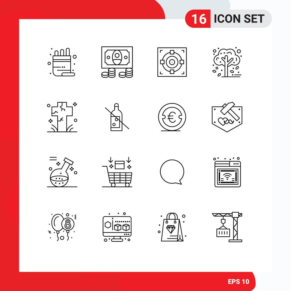 Universal Icon Symbols Group of 16 Modern Outlines of death cemetery achievement tree fall Editable Vector Design Elements