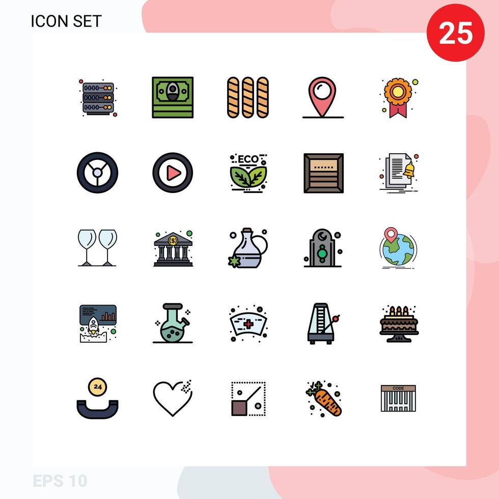 25 User Interface Filled line Flat Color Pack of modern Signs and Symbols of wheel settings loaf reward pad lock Editable Vector Design Elements