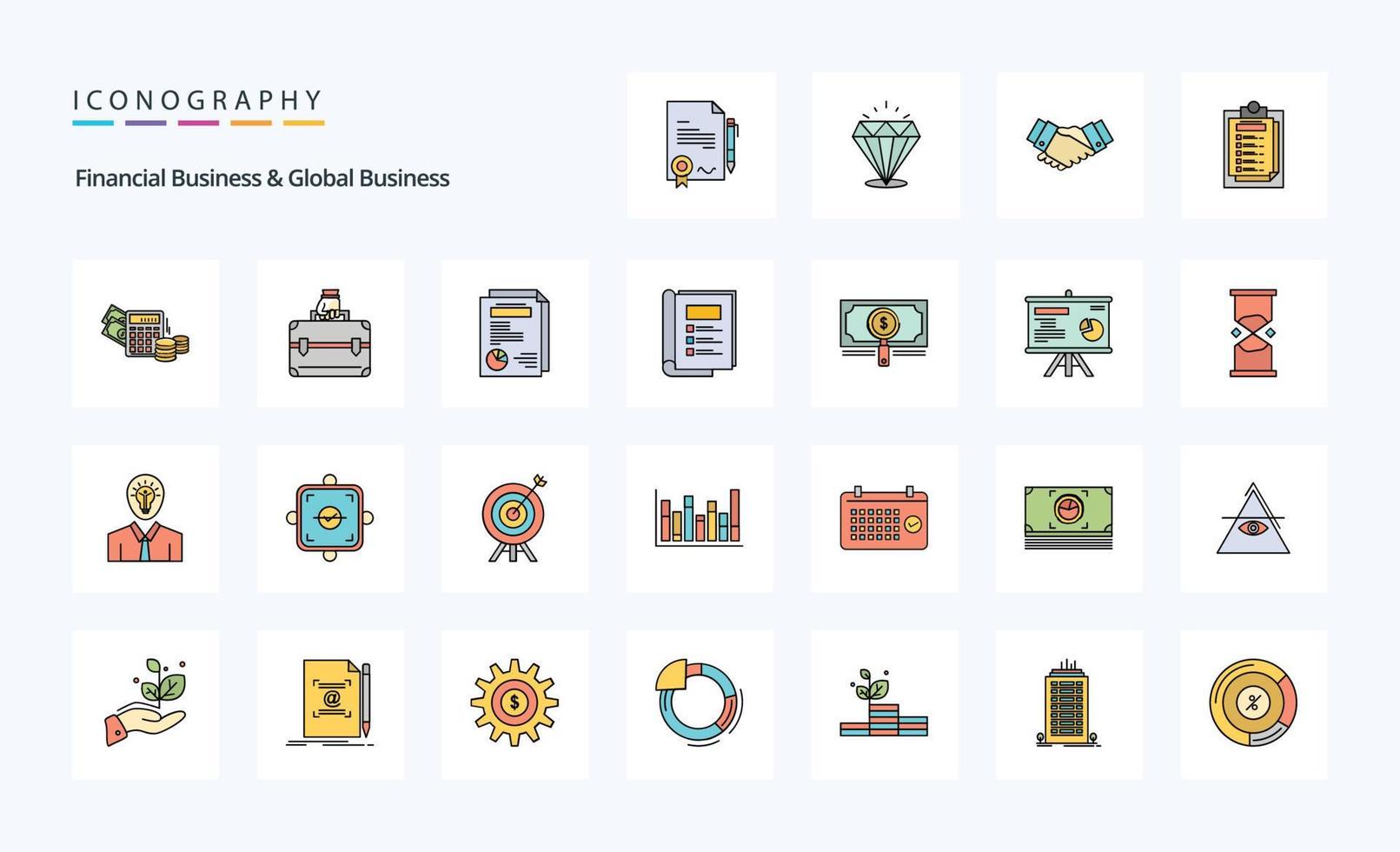 25 financiero negocio y global negocio línea lleno estilo icono paquete vector
