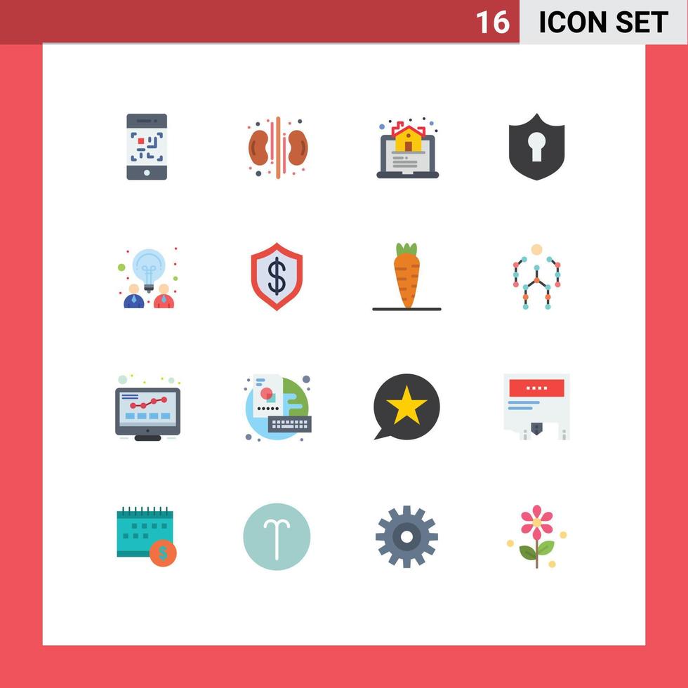 16 User Interface Flat Color Pack of modern Signs and Symbols of idea creative estate shield access Editable Pack of Creative Vector Design Elements