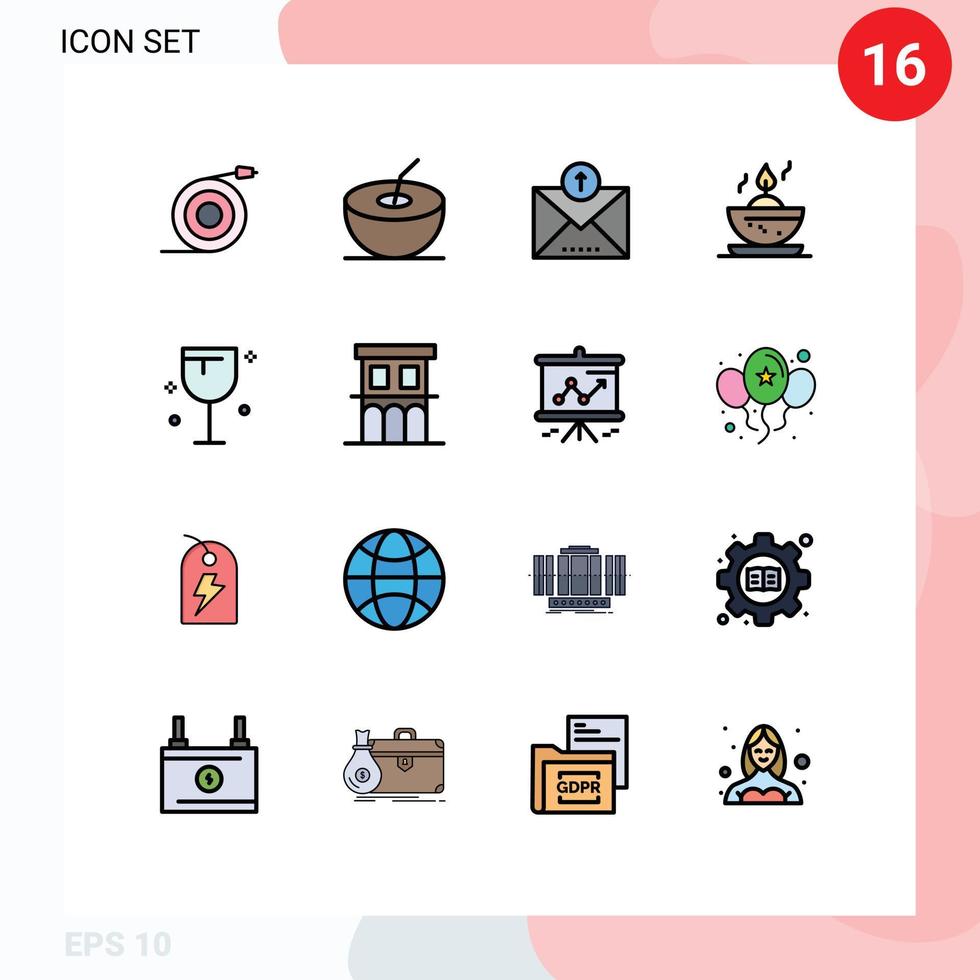 Flat Color Filled Line Pack of 16 Universal Symbols of architecture glass outline food candle in bowl Editable Creative Vector Design Elements