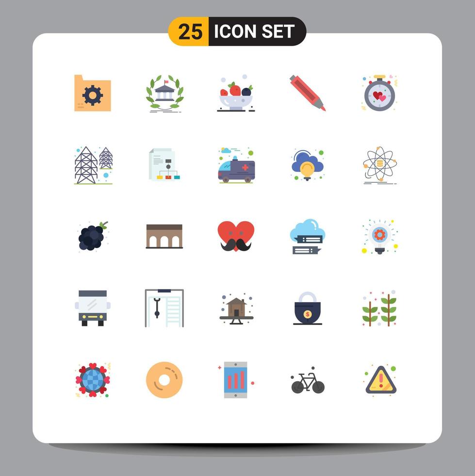 25 Thematic Vector Flat Colors and Editable Symbols of clock pen university education food Editable Vector Design Elements