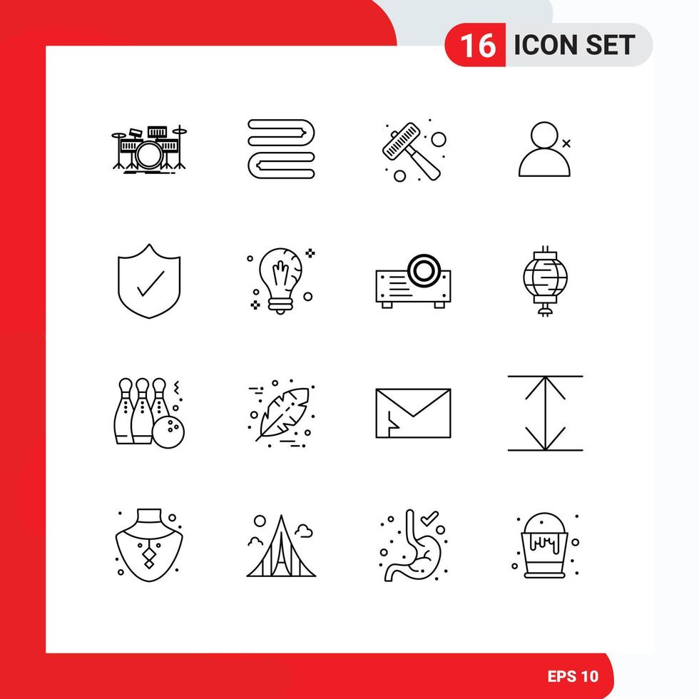 Pictogram Set of 16 Simple Outlines of security antivirus hammer sets discover people Editable Vector Design Elements