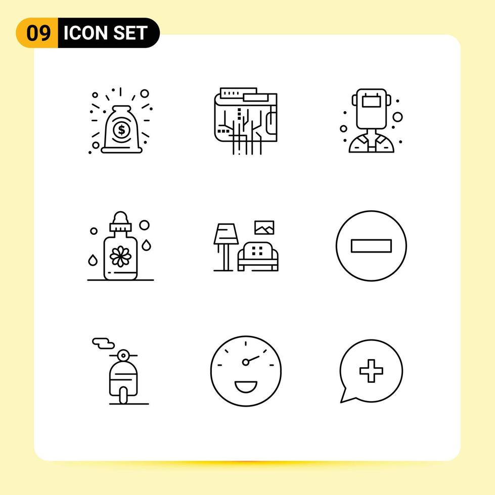 Pictogram Set of 9 Simple Outlines of room spa multi treatment welder Editable Vector Design Elements