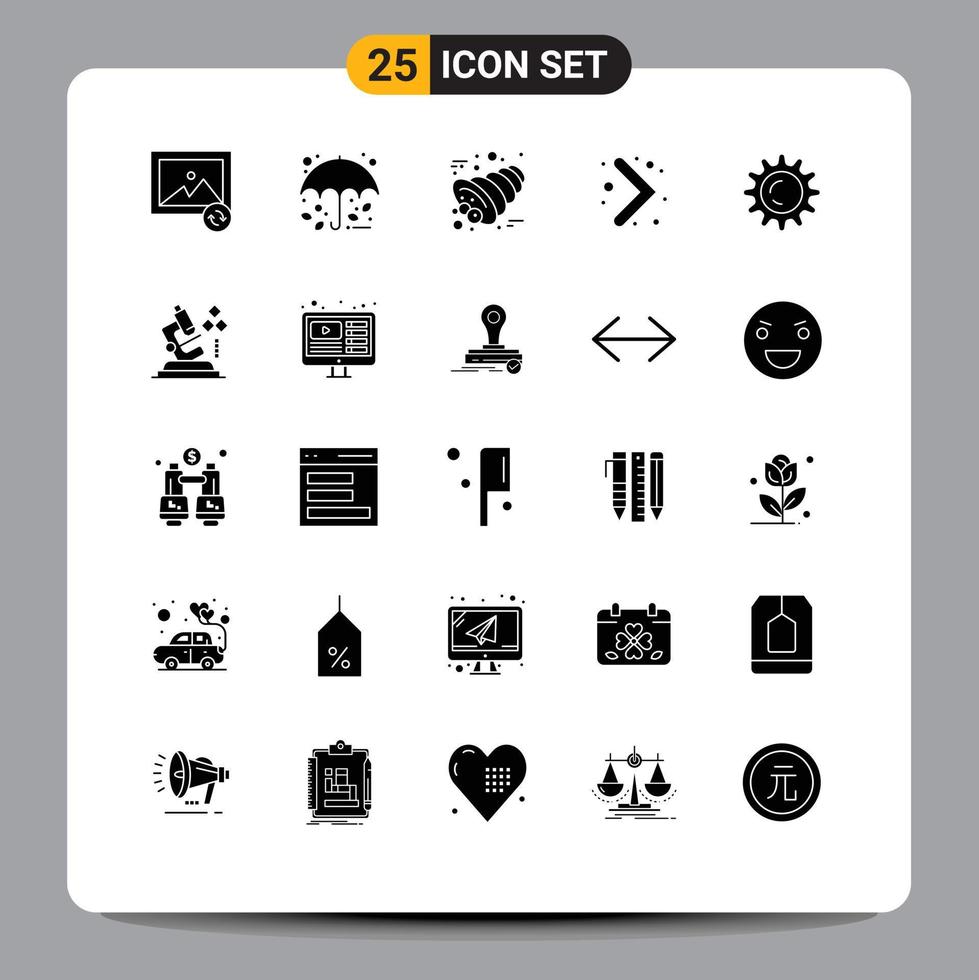 Group of 25 Modern Solid Glyphs Set for microscope day cornucopia sun navigation Editable Vector Design Elements