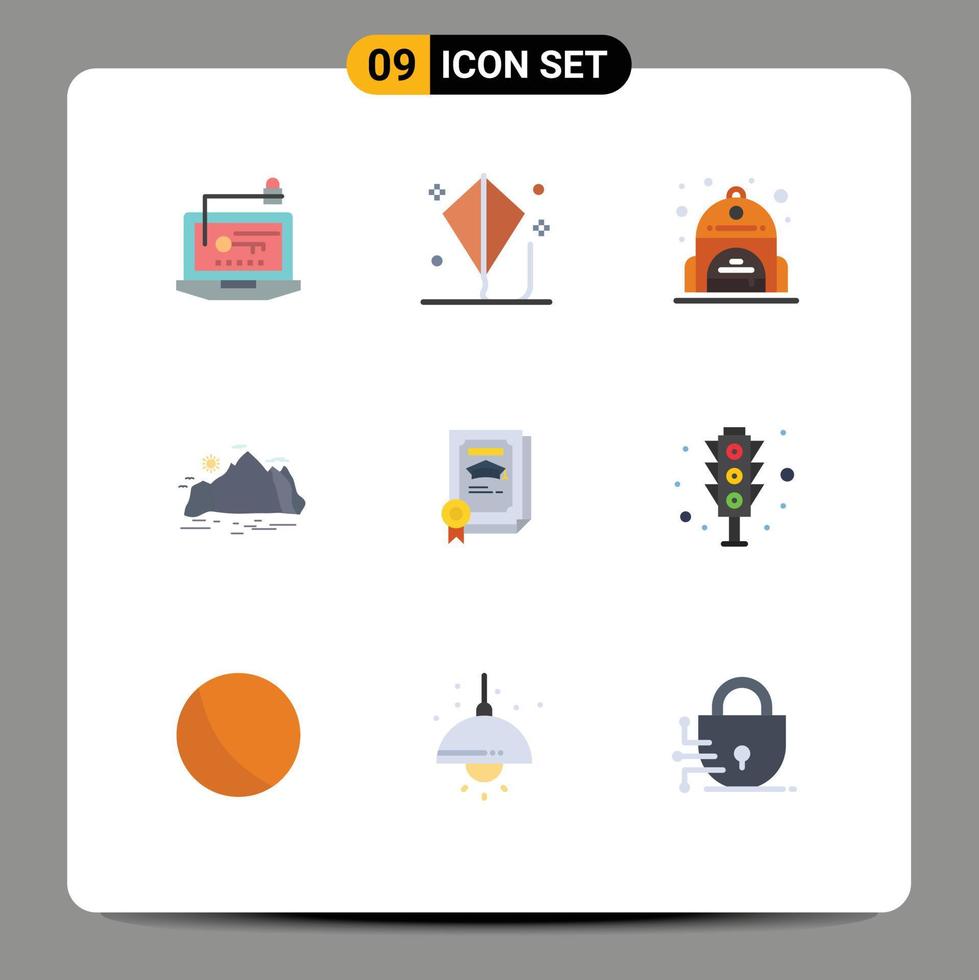 Pack of 9 Modern Flat Colors Signs and Symbols for Web Print Media such as scene landscape play hill back bag Editable Vector Design Elements