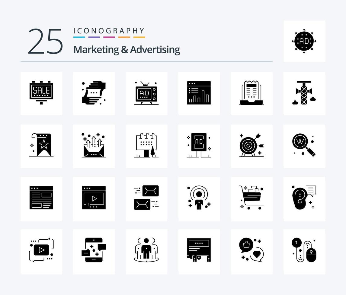 Marketing And Advertising 25 Solid Glyph icon pack including graph. analytics. shot. analysis. multimedia vector