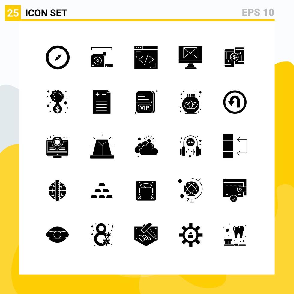 Editable Vector Line Pack of 25 Simple Solid Glyphs of peer to peer money coding mobile email Editable Vector Design Elements