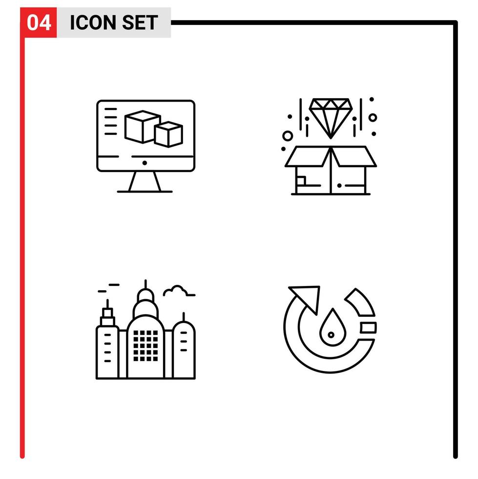 Mobile Interface Line Set of 4 Pictograms of computer house computing diamond drop Editable Vector Design Elements