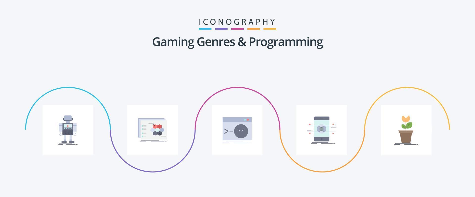 Gaming Genres And Programming Flat 5 Icon Pack Including mobile. api. tactic. terminal. root vector