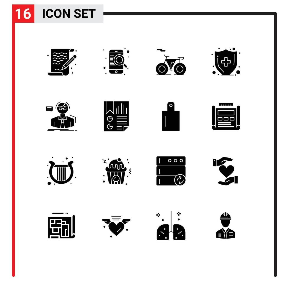 16 Thematic Vector Solid Glyphs and Editable Symbols of teacher student bicycle professor medical care Editable Vector Design Elements