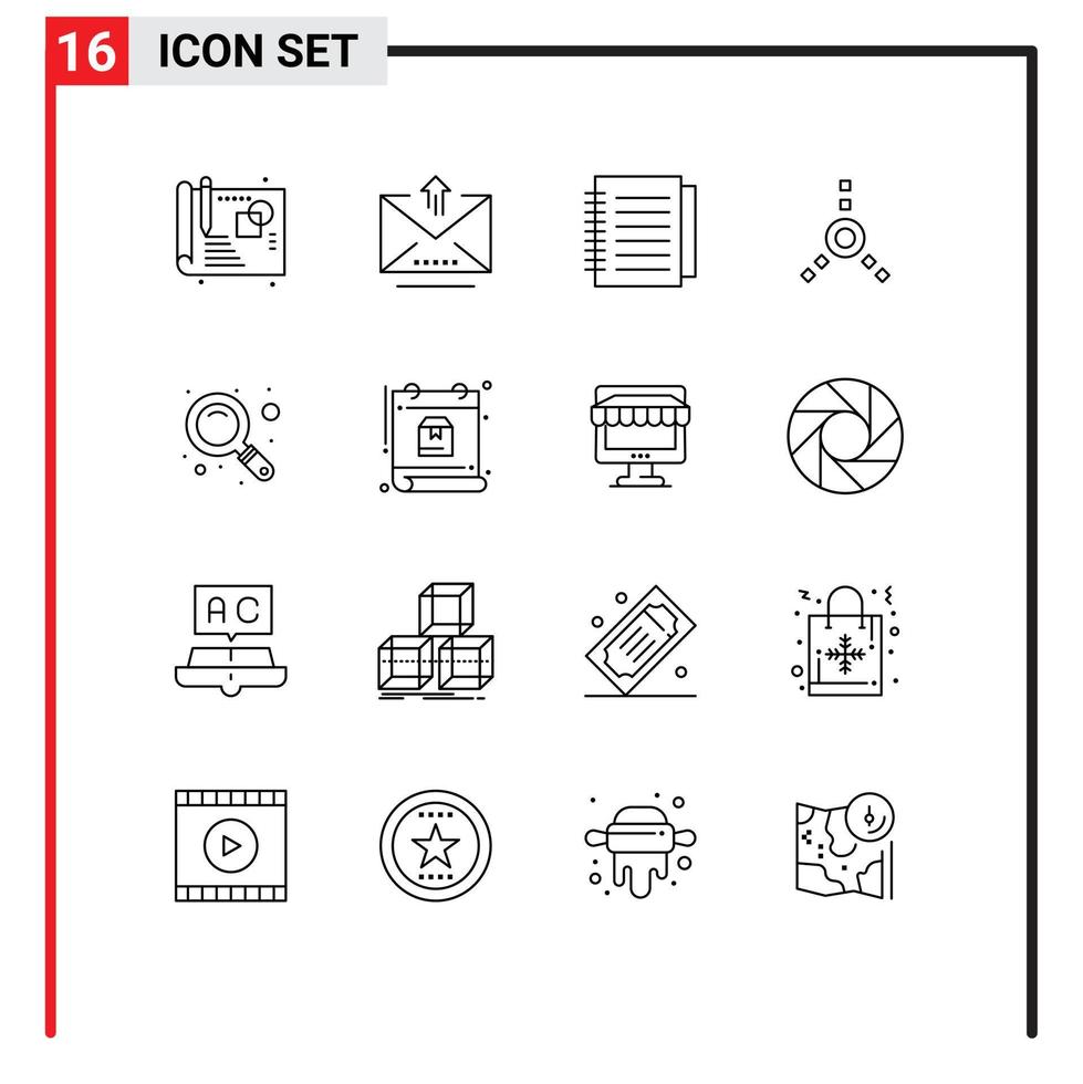 Modern Set of 16 Outlines Pictograph of day zoom notebook search fire ware Editable Vector Design Elements