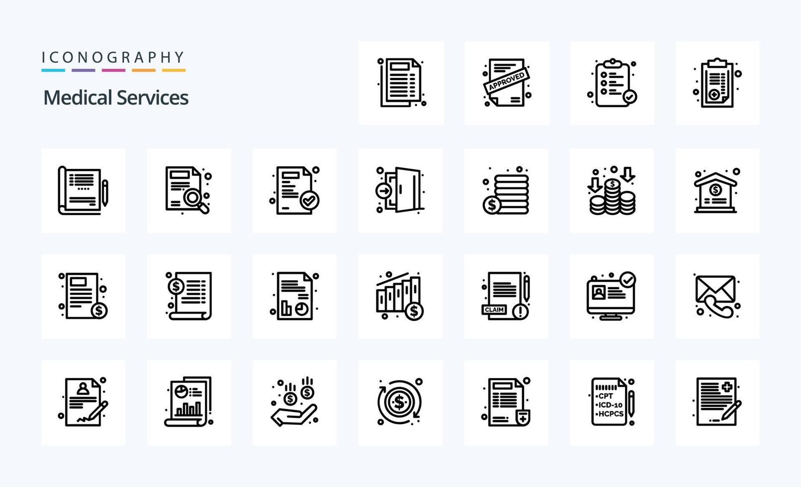 25 médico servicios línea icono paquete vector