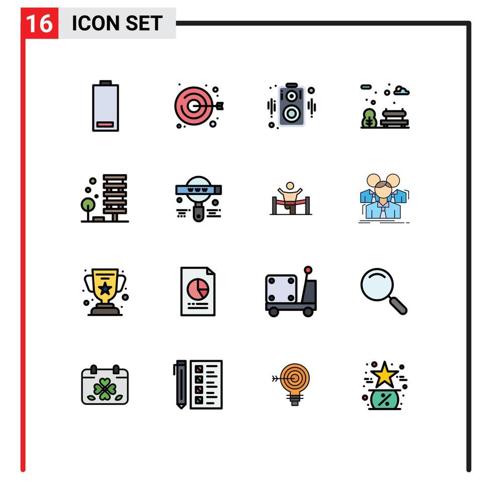 Group of 16 Flat Color Filled Lines Signs and Symbols for building agriculture handicraft garden bench Editable Creative Vector Design Elements