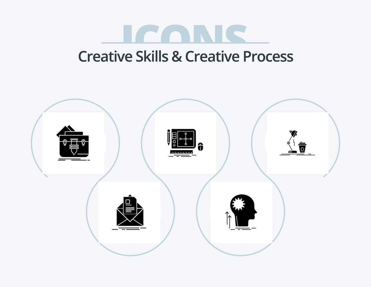 Creative Skills And Creative Process Glyph Icon Pack 5 Icon Design. tool. design. idea. briefcase. file vector