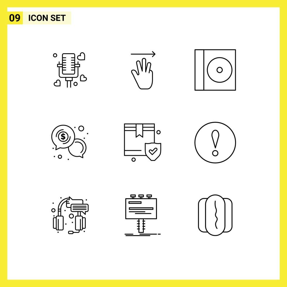 Set of 9 Commercial Outlines pack for protection dollar case communication cash Editable Vector Design Elements