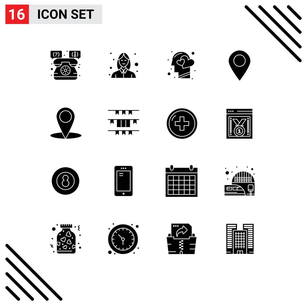 Modern Set of 16 Solid Glyphs and symbols such as location marker emotions map human Editable Vector Design Elements