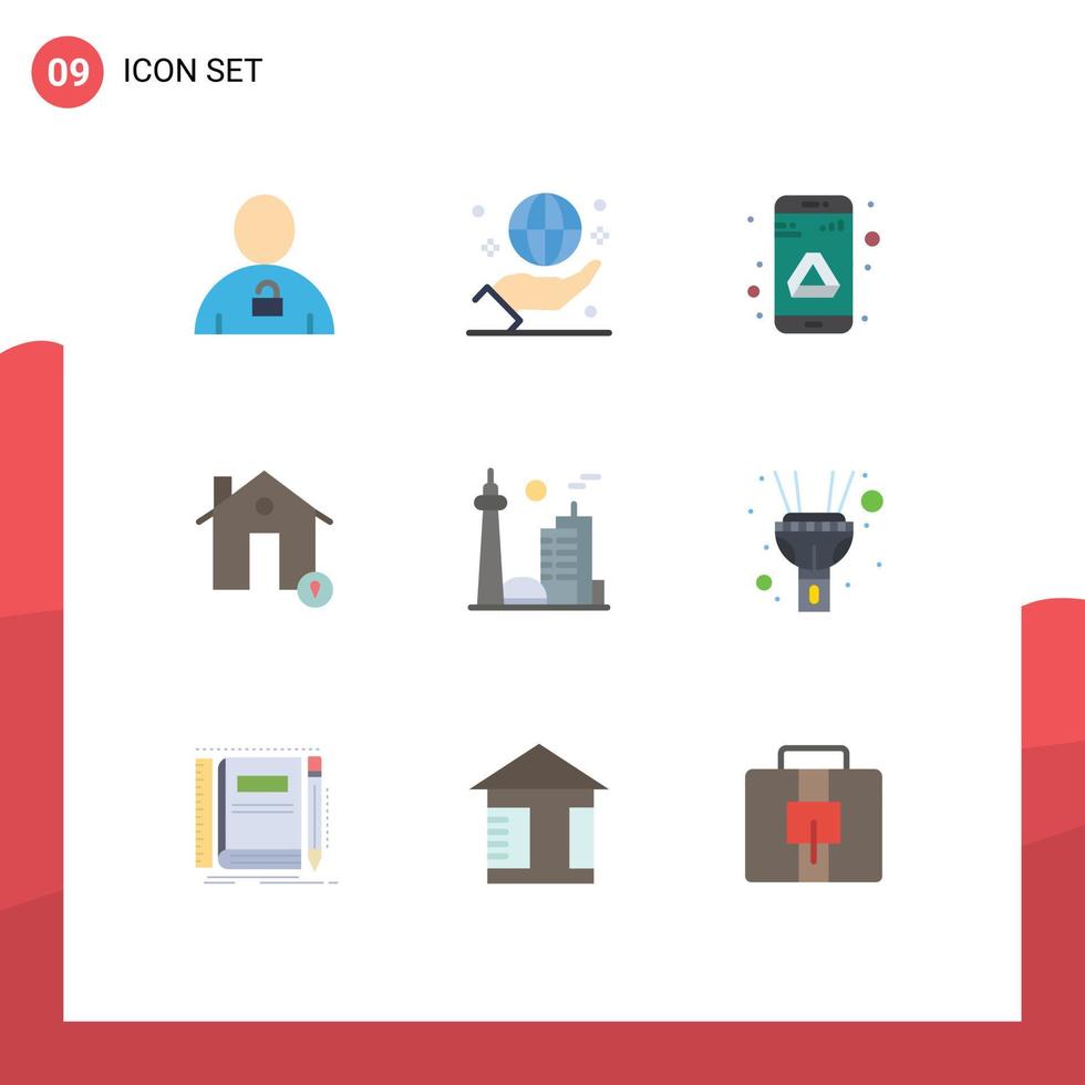 Editable Vector Line Pack of 9 Simple Flat Colors of location estate hand buildings google Editable Vector Design Elements