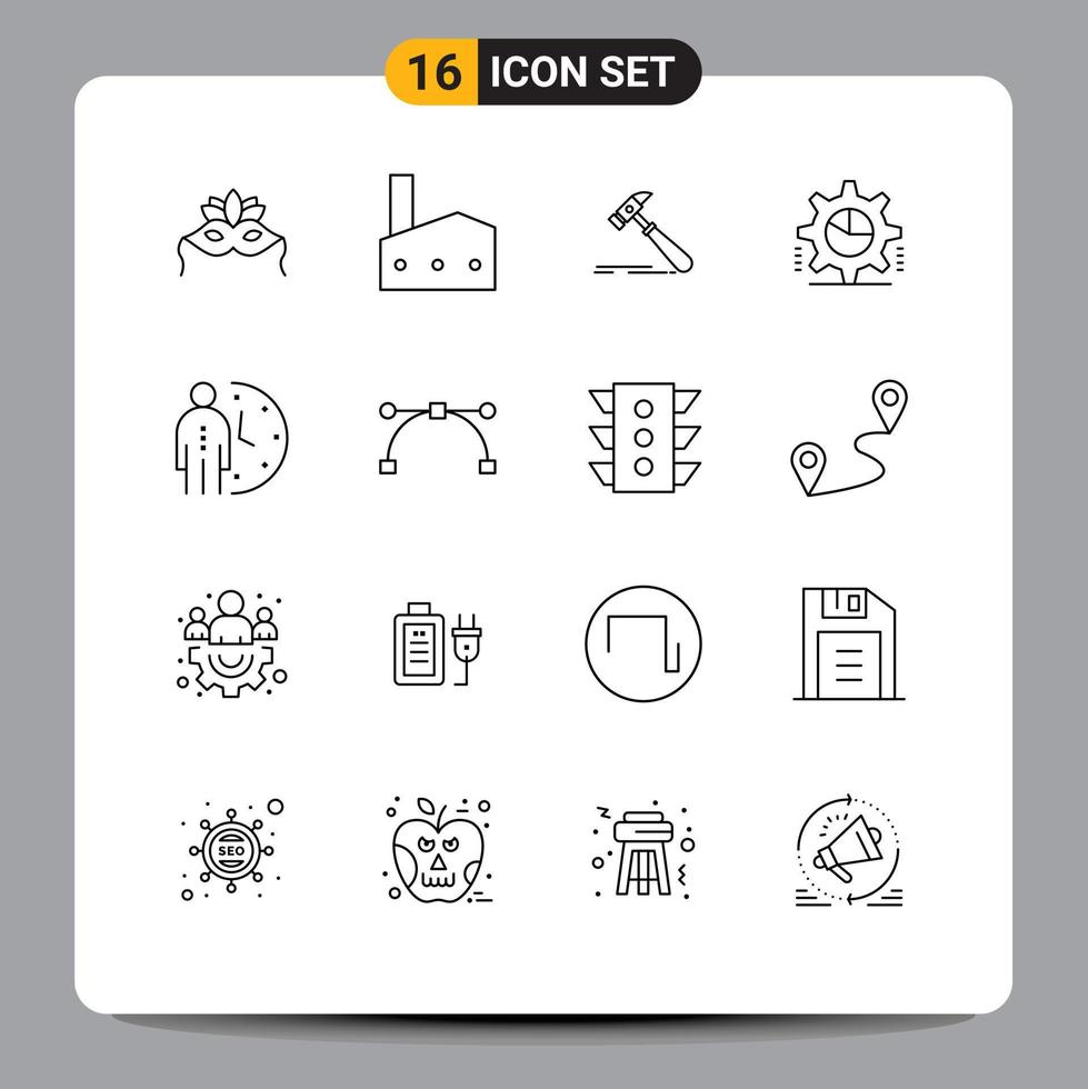 Group of 16 Outlines Signs and Symbols for settings gear nuclear plant cog strong Editable Vector Design Elements