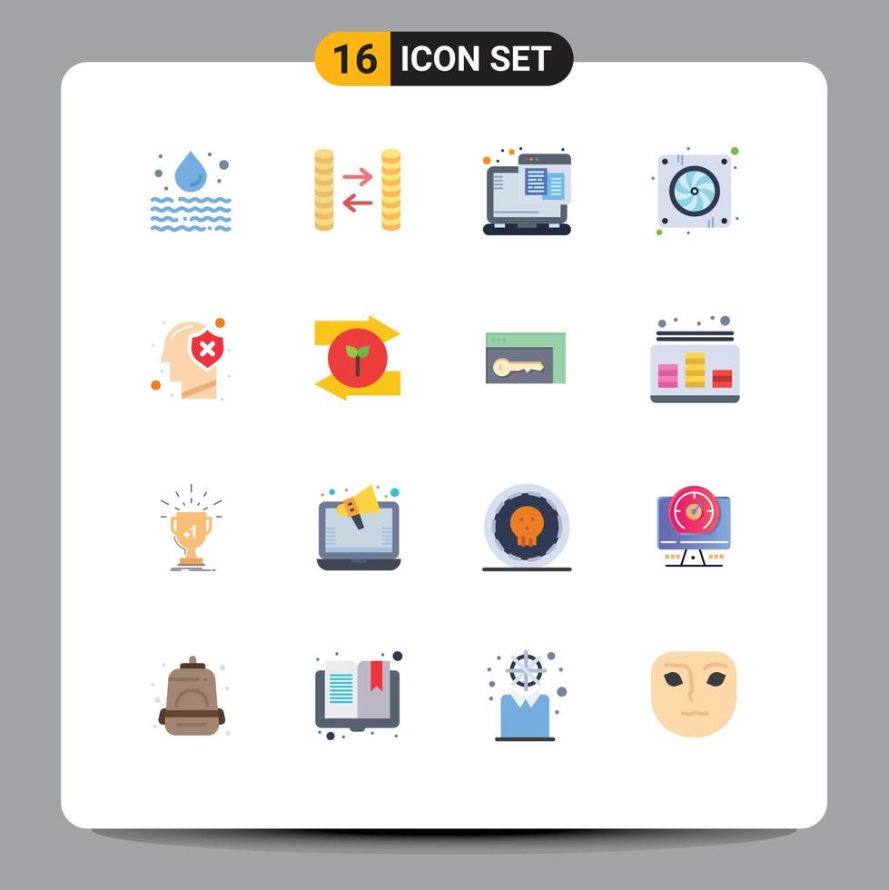 Mobile Interface Flat Color Set of 16 Pictograms of human brain web hardware device Editable Pack of Creative Vector Design Elements