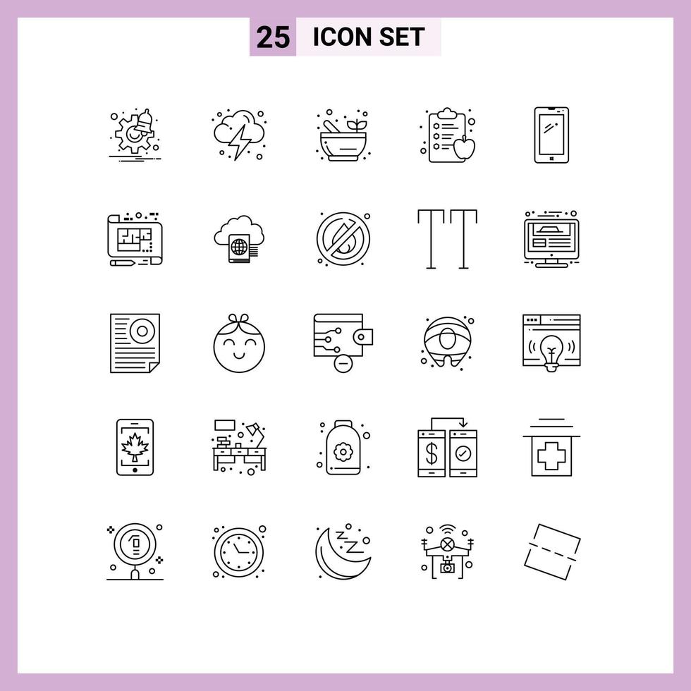 Editable Vector Line Pack of 25 Simple Lines of android smart phone bowl phone diet Editable Vector Design Elements