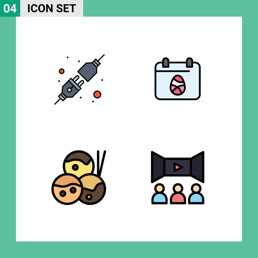 Set of 4 Modern UI Icons Symbols Signs for connect takoyaki calender day film Editable Vector Design Elements