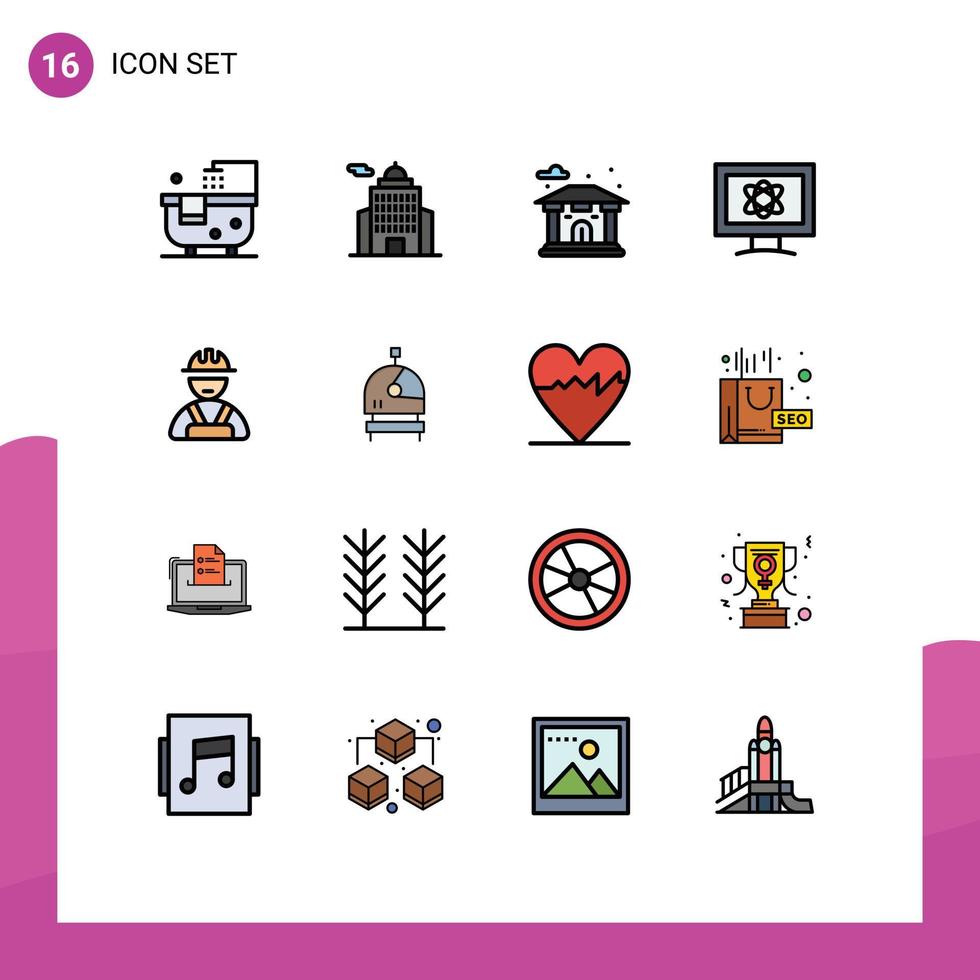 Modern Set of 16 Flat Color Filled Lines Pictograph of worker builder building space monitor Editable Creative Vector Design Elements
