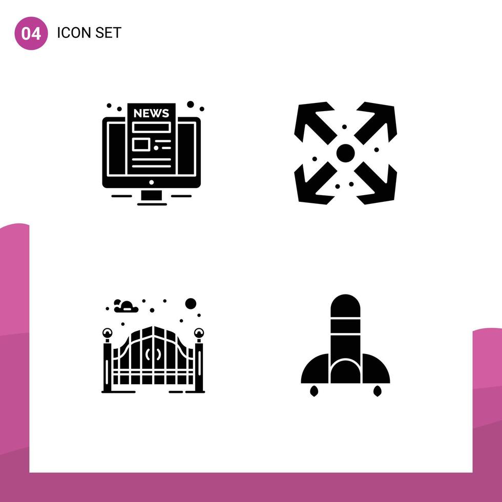 Set of 4 Vector Solid Glyphs on Grid for computer entrance screen maximize rocket Editable Vector Design Elements
