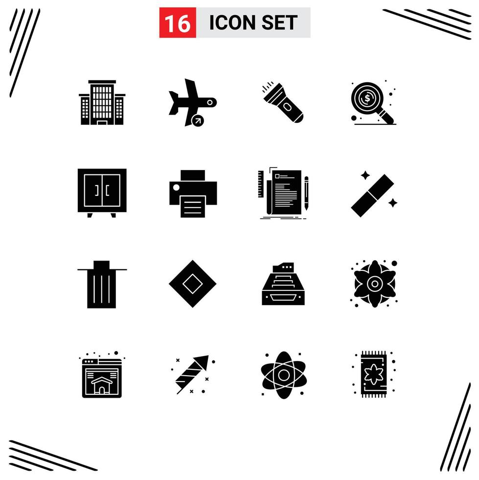 16 Creative Icons Modern Signs and Symbols of interior cupboard flashlight search find Editable Vector Design Elements
