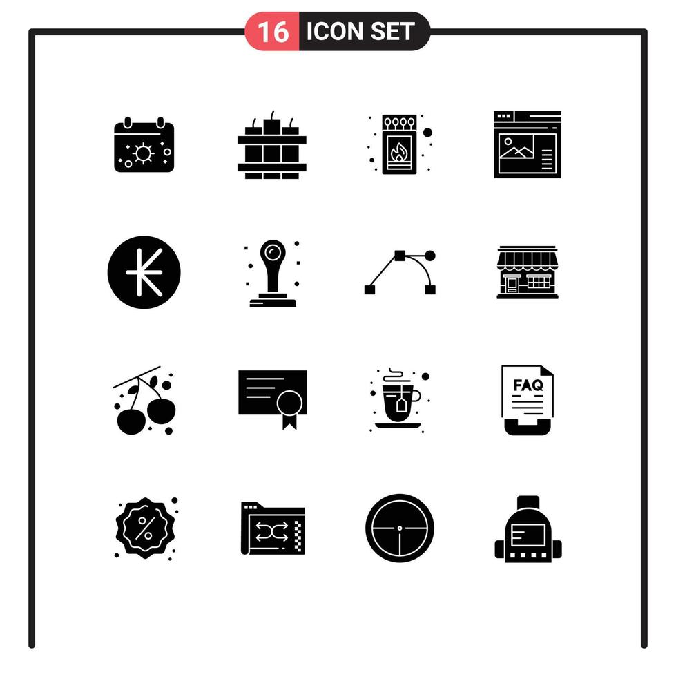 Group of 16 Solid Glyphs Signs and Symbols for kip gallery fire website page Editable Vector Design Elements