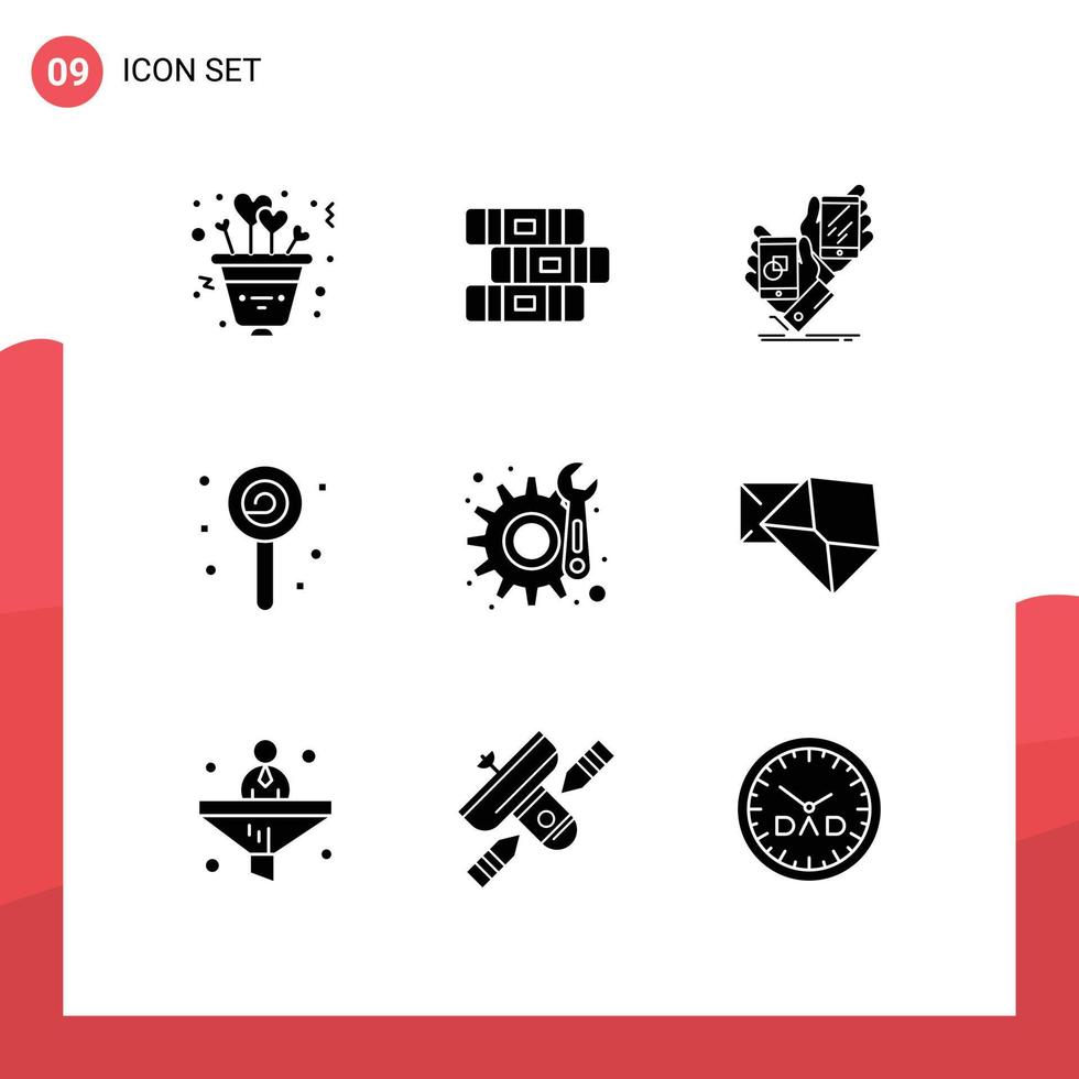 User Interface Pack of 9 Basic Solid Glyphs of maintenance sweet brand lollipop confect Editable Vector Design Elements