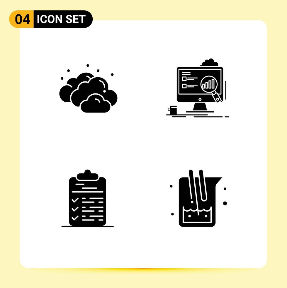 Group of 4 Modern Solid Glyphs Set for cloud clipboard analytics laptop document Editable Vector Design Elements
