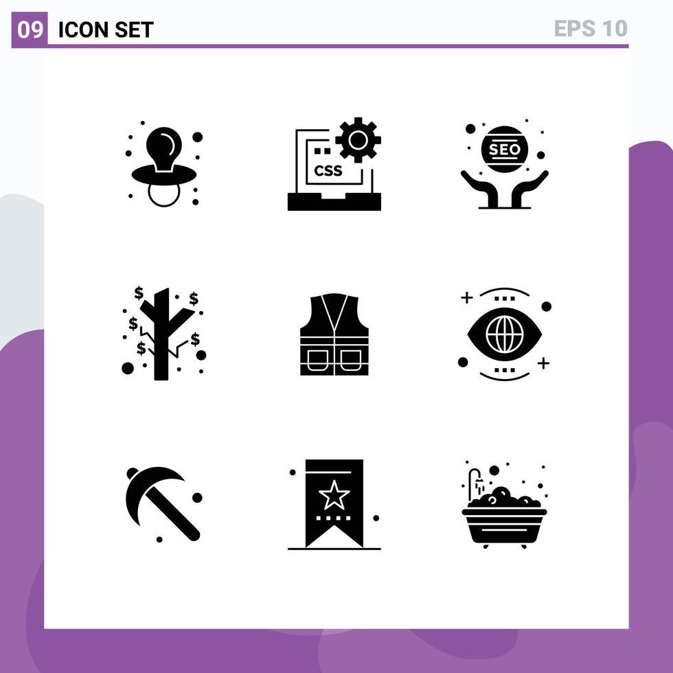 9 Solid Glyph concept for Websites Mobile and Apps jacket profit business investment webmaster Editable Vector Design Elements