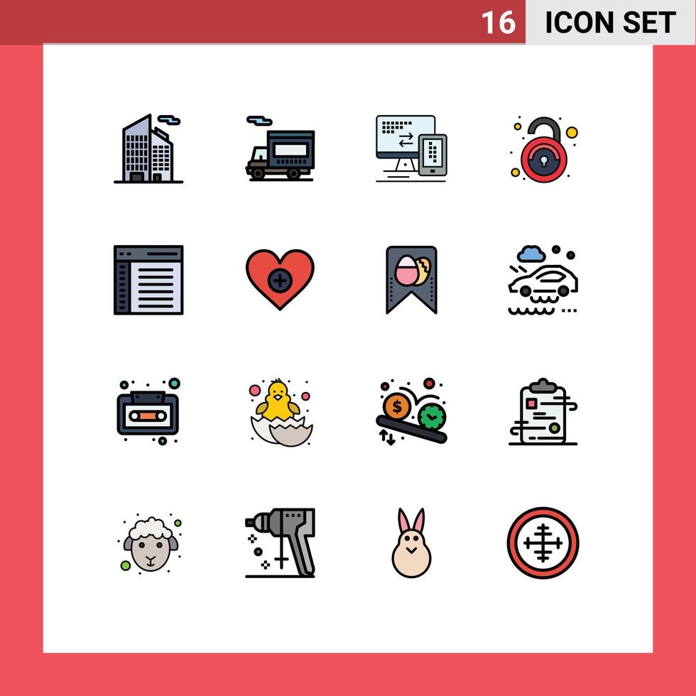 16 User Interface Flat Color Filled Line Pack of modern Signs and Symbols of communication app monitor unsecured unlock Editable Creative Vector Design Elements