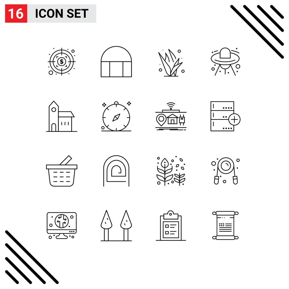 Set of 16 Modern UI Icons Symbols Signs for church building grasses ufo ship Editable Vector Design Elements