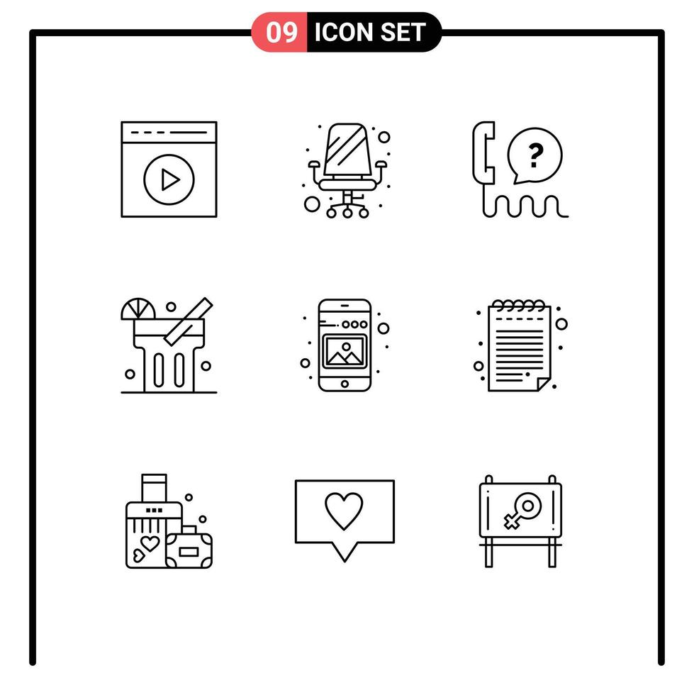 Pictogram Set of 9 Simple Outlines of gallery drink sitting lemonade service Editable Vector Design Elements