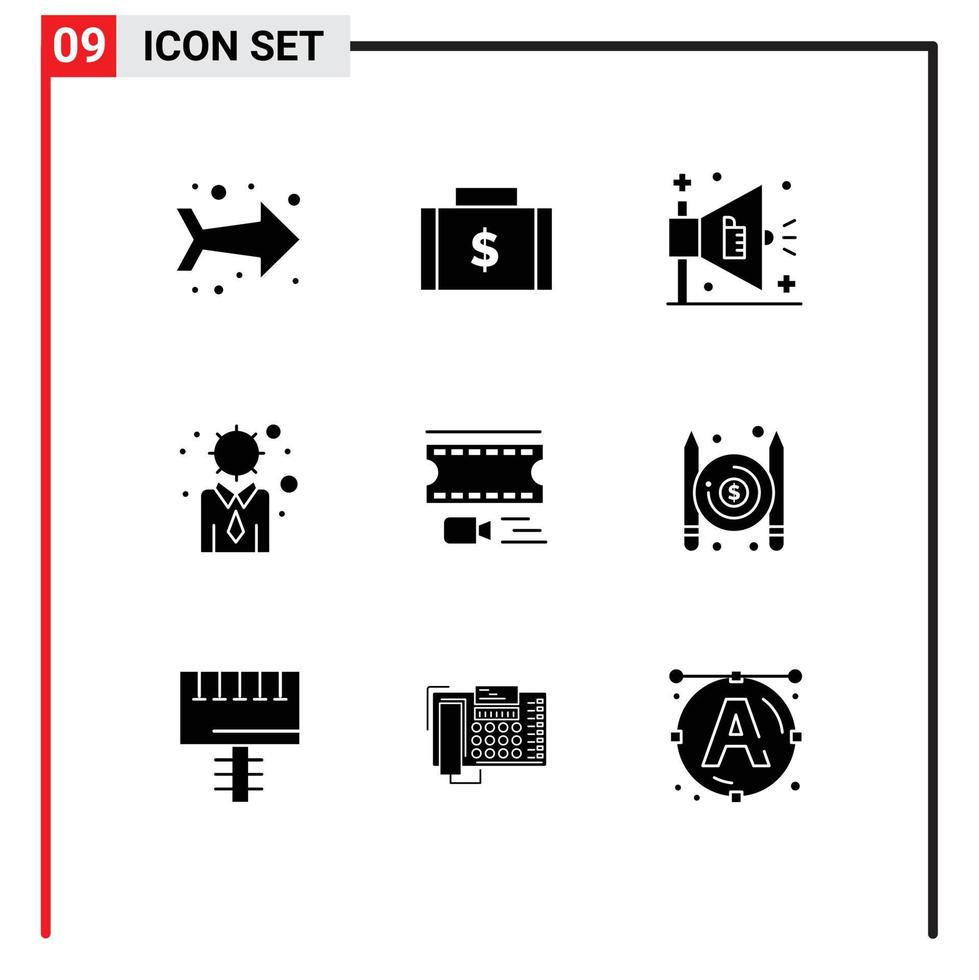 9 Thematic Vector Solid Glyphs and Editable Symbols of film reel animation ad personal development Editable Vector Design Elements