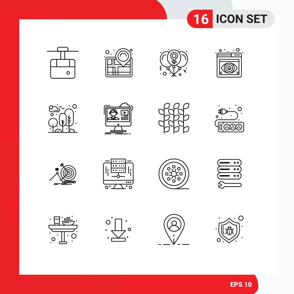 Pack of 16 Modern Outlines Signs and Symbols for Web Print Media such as city view balloon focus women Editable Vector Design Elements