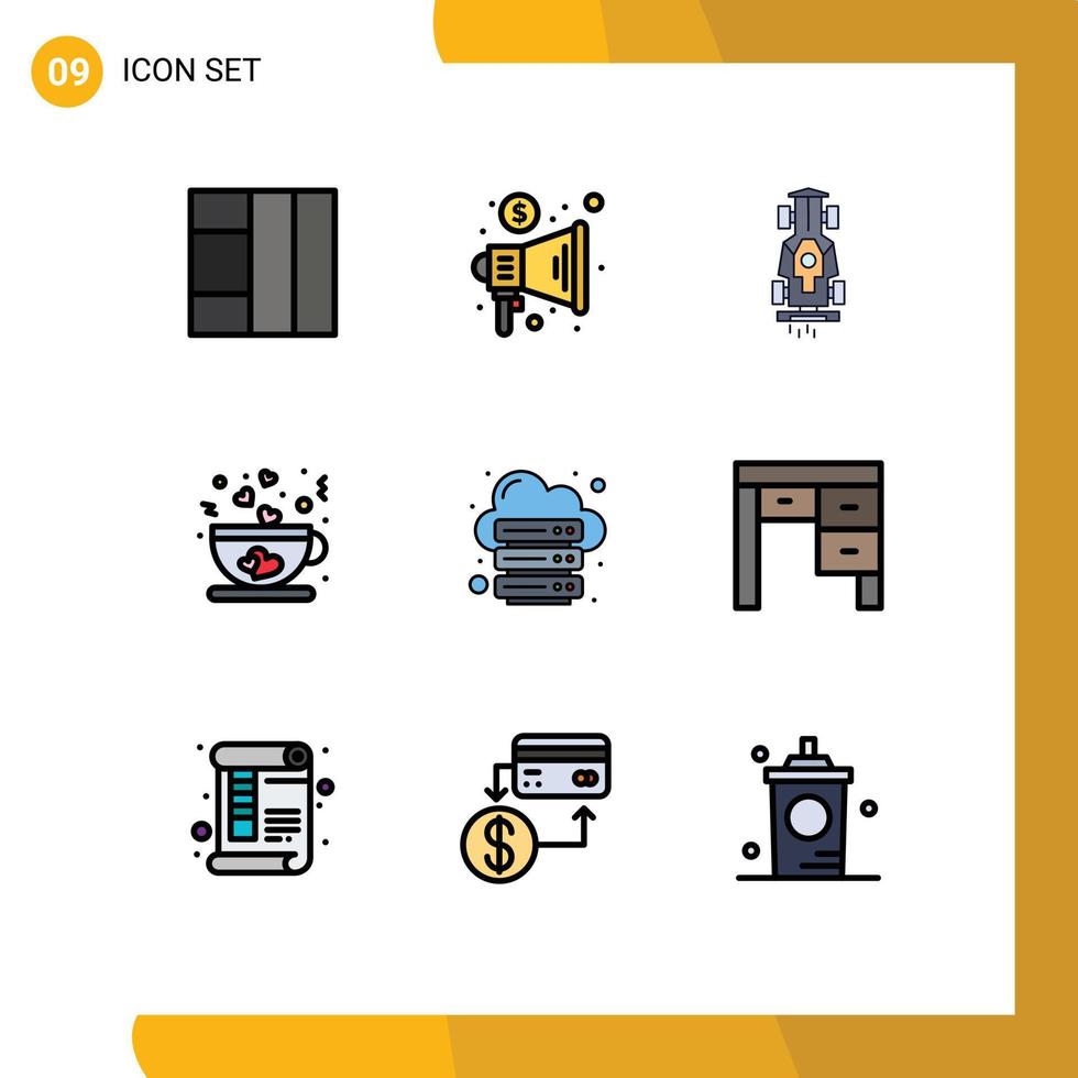 User Interface Pack of 9 Basic Filledline Flat Colors of internet database game tea cup Editable Vector Design Elements
