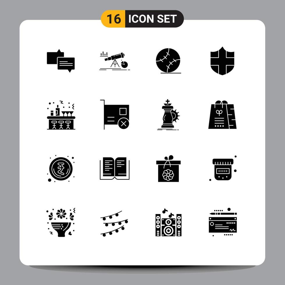 Universal Icon Symbols Group of 16 Modern Solid Glyphs of night wine ball shield protection Editable Vector Design Elements