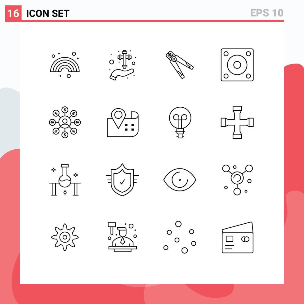 Set of 16 Modern UI Icons Symbols Signs for hard disk devices cross work crimping Editable Vector Design Elements