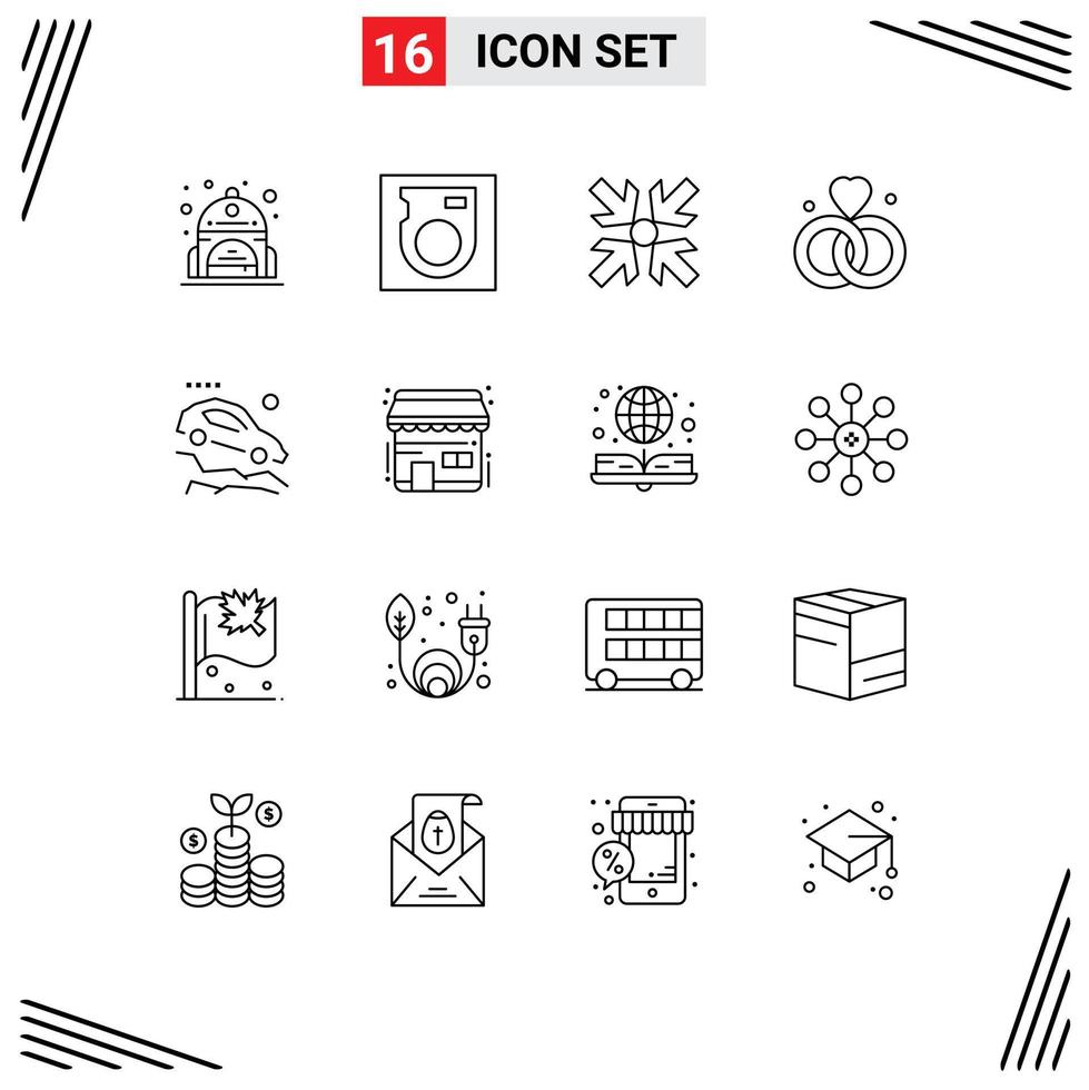 Modern Set of 16 Outlines Pictograph of buy falling down minimize car wedding Editable Vector Design Elements
