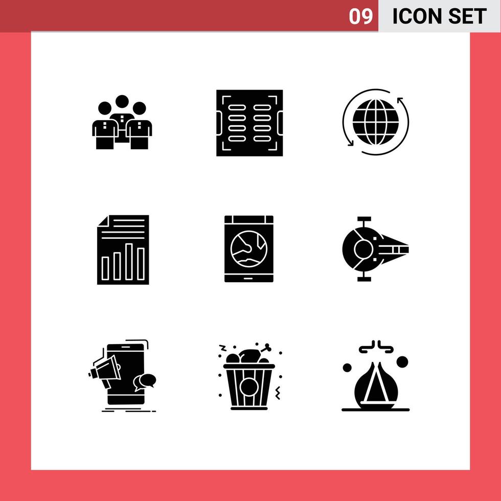 Mobile Interface Solid Glyph Set of 9 Pictograms of file arrow construction travel globe Editable Vector Design Elements