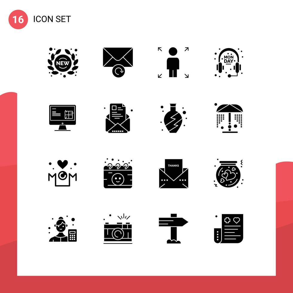 Editable Vector Line Pack of 16 Simple Solid Glyphs of lcd construction growth computer headphone Editable Vector Design Elements