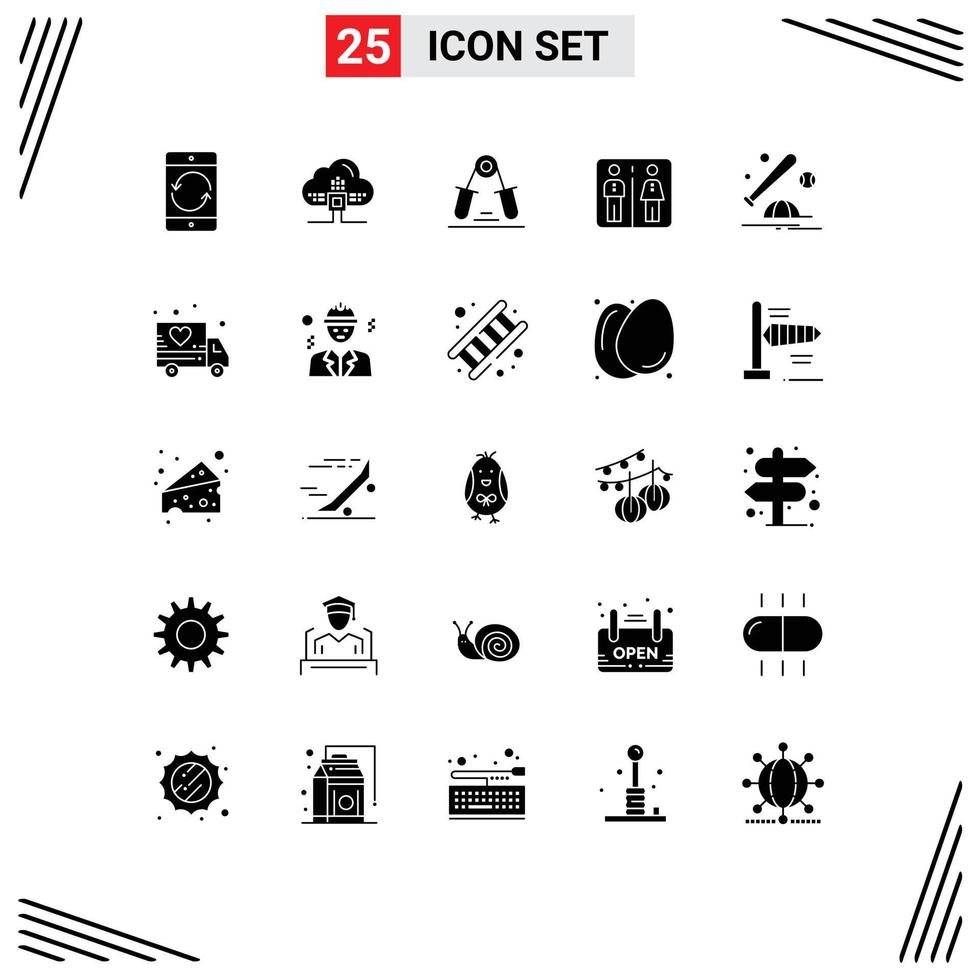 25 Thematic Vector Solid Glyphs and Editable Symbols of hotel elevator scince down exercise Editable Vector Design Elements