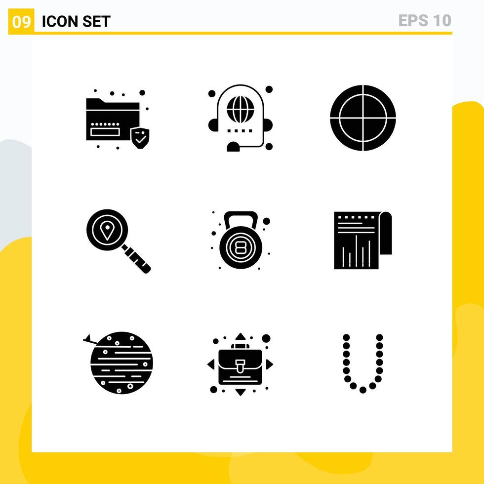 Group of 9 Solid Glyphs Signs and Symbols for gym search global location target Editable Vector Design Elements