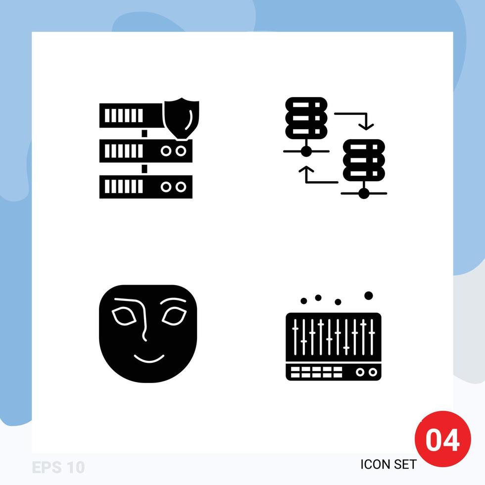 Universal Icon Symbols Group of 4 Modern Solid Glyphs of data face security server rack smile Editable Vector Design Elements