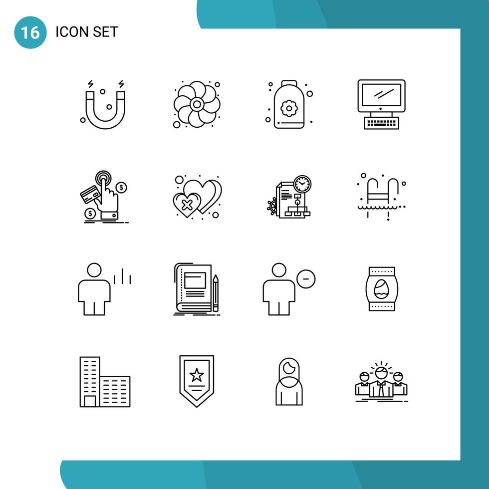 Group of 16 Outlines Signs and Symbols for click pc sauna imac monitor Editable Vector Design Elements