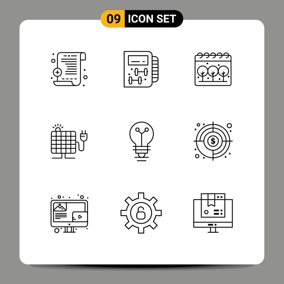 Pack of 9 Modern Outlines Signs and Symbols for Web Print Media such as aim light green lab plug Editable Vector Design Elements